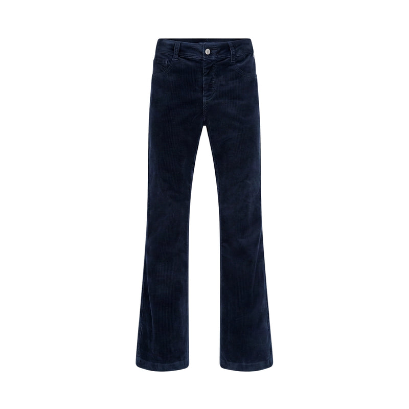 A pair of dark navy blue corduroy trousers shown flat against a solid white background.