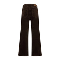 Dark brown wide-leg jeans shown from the back, featuring classic five-pocket styling and a brown leather patch at the waistband, set against a plain white background.