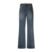 Back view of a pair of medium-wash blue denim jeans with a wide leg, straight waistband, and scarf belt shown on a plain white background.