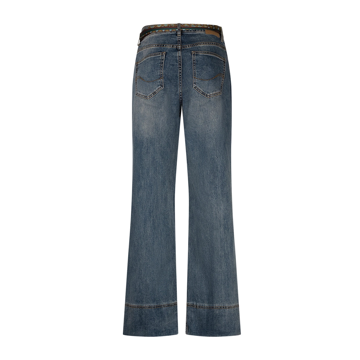 Back view of a pair of medium-wash blue denim jeans with a wide leg, straight waistband, and scarf belt shown on a plain white background.