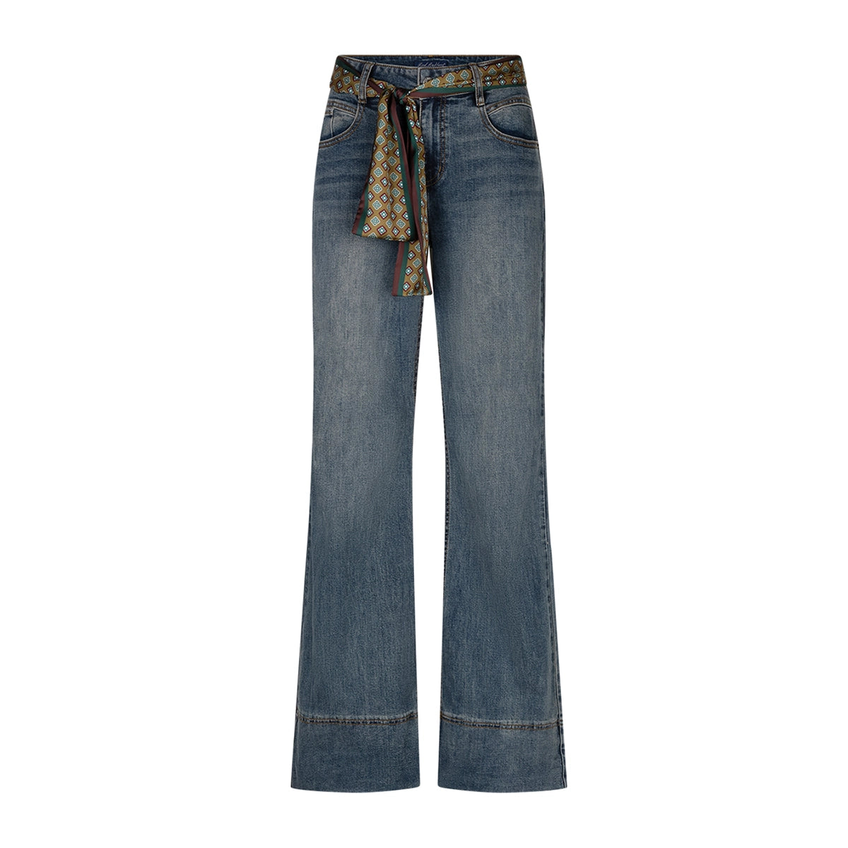 A pair of wide-leg blue denim jeans with a patterned fabric tie belt at the waist, shown against a plain white background.