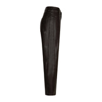 Dark brown leather trousers shown from the side on a white background