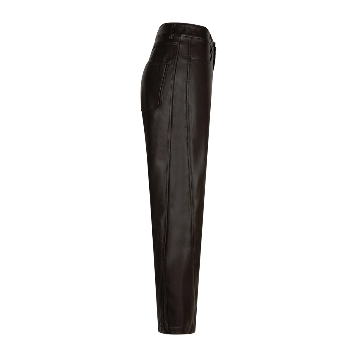 Dark brown leather trousers shown from the side on a white background