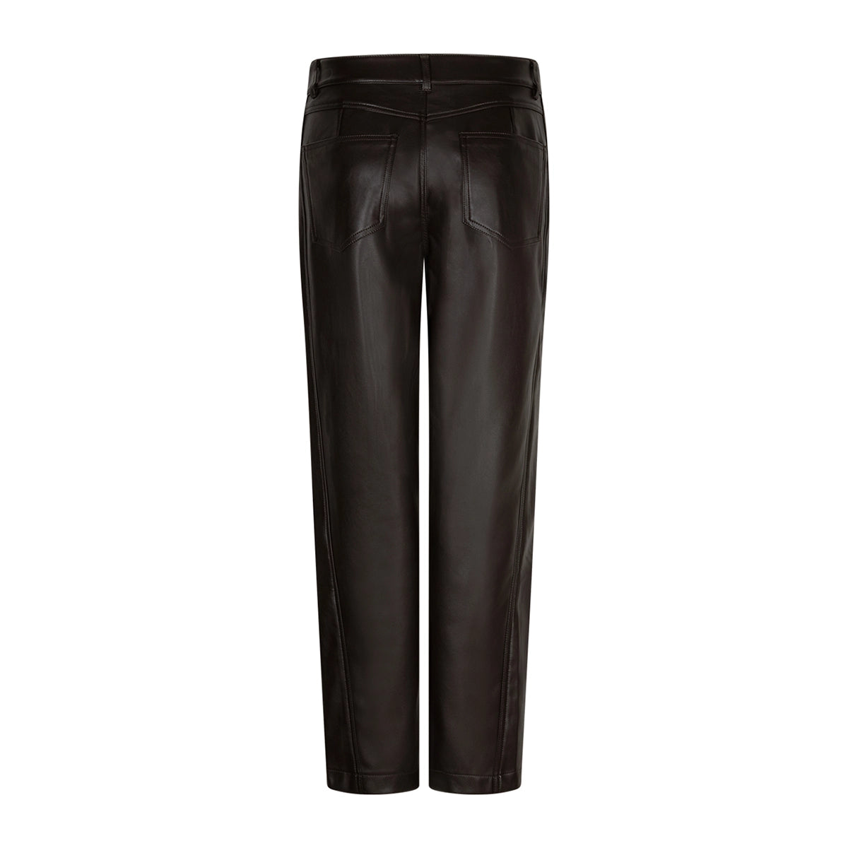 Dark brown faux leather trousers shown from the back, featuring a straight-leg fit and classic pocket details, set against a plain white background.