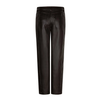 Dark brown faux leather trousers shown from the back, featuring a straight-leg fit and classic pocket details, set against a plain white background.