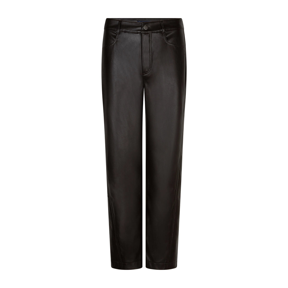 Dark brown faux leather trousers with a straight-leg fit, shown on a plain white background.