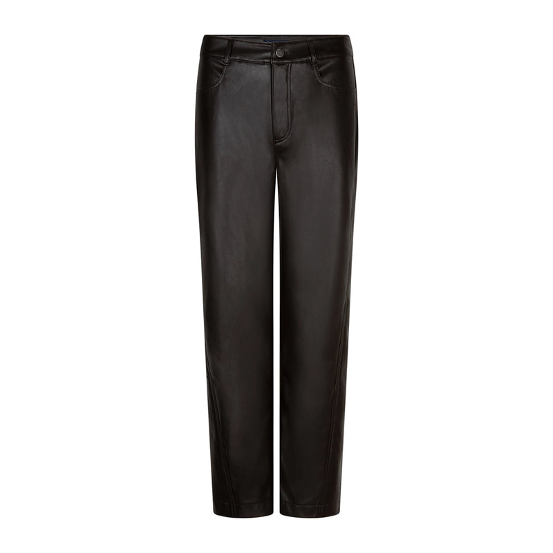 Dark brown faux leather trousers with a straight-leg fit, shown on a plain white background.