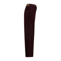 Burgundy cord trousers shown rom the side against a white background.