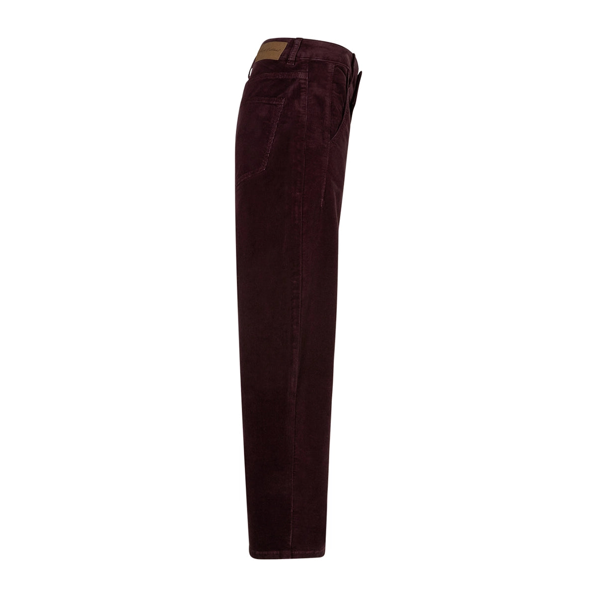Burgundy cord trousers shown rom the side against a white background.