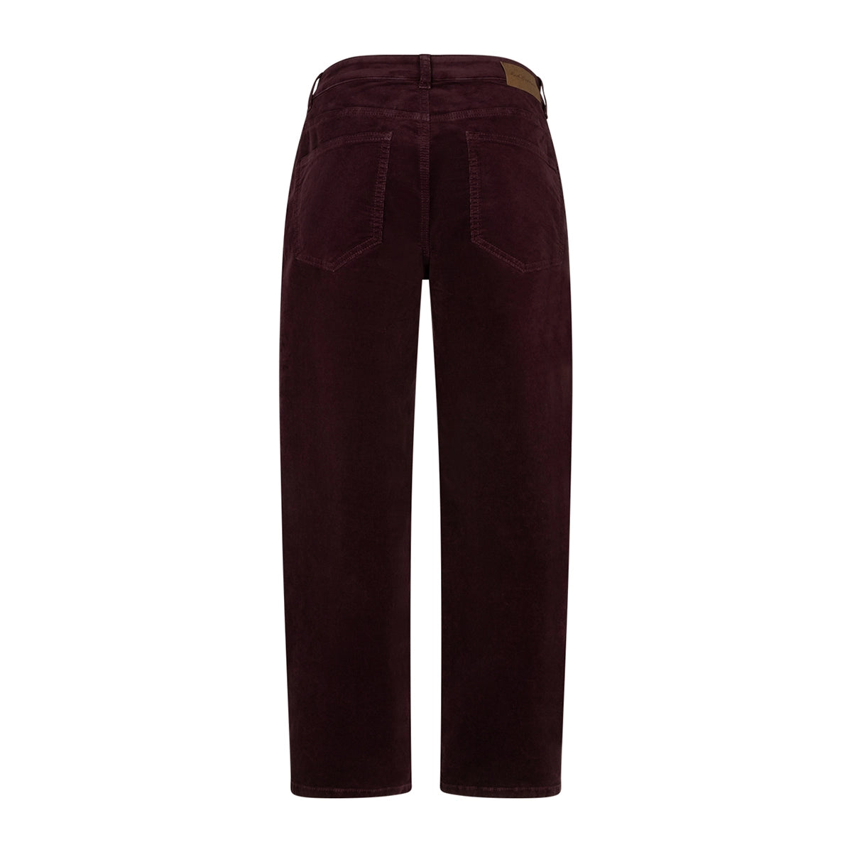 Burgundy cord trousers shown from the back laid flat on a white background.