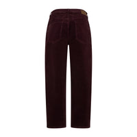 Burgundy cord trousers shown from the back laid flat on a white background.