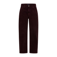 Burgundy cord trousers laid flat on a white background.