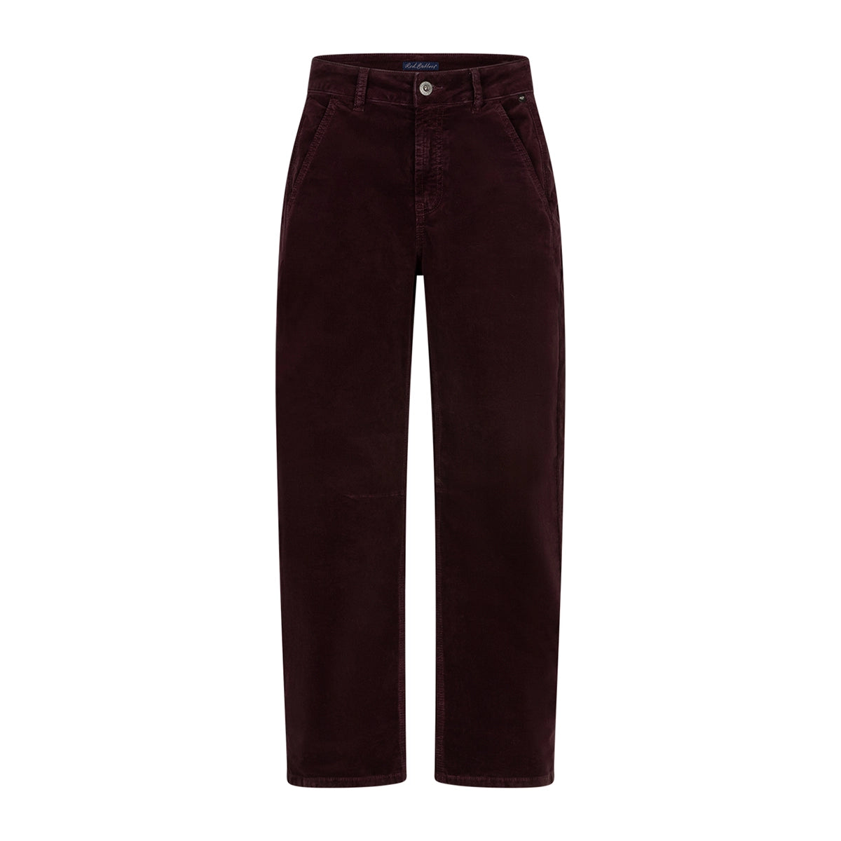 Burgundy cord trousers laid flat on a white background.