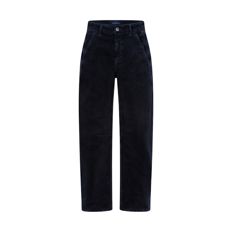 Navy Cord trousers shown laid flat on a white background. 