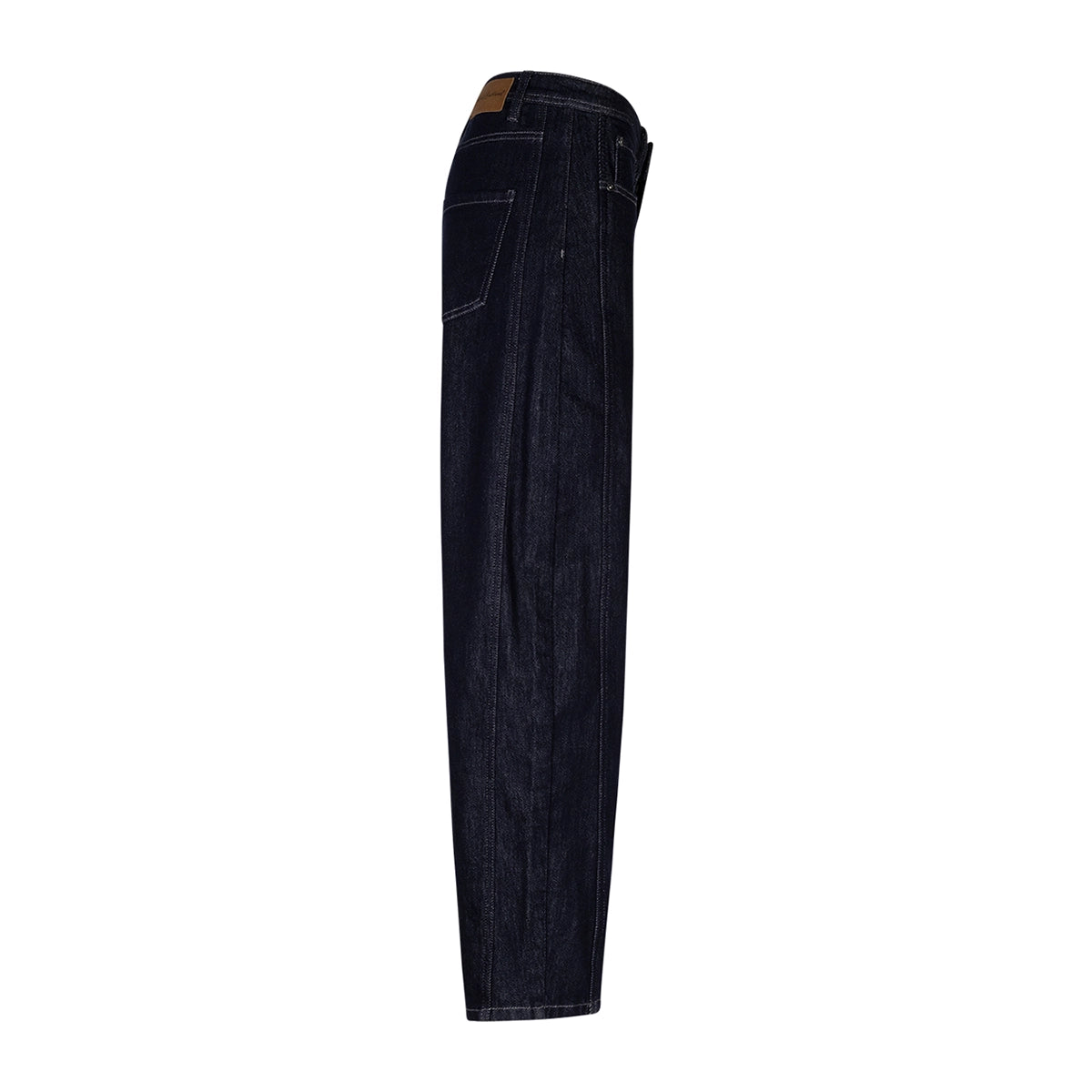 Dark indigo jeans shown from the side shown flat against a solid white background.