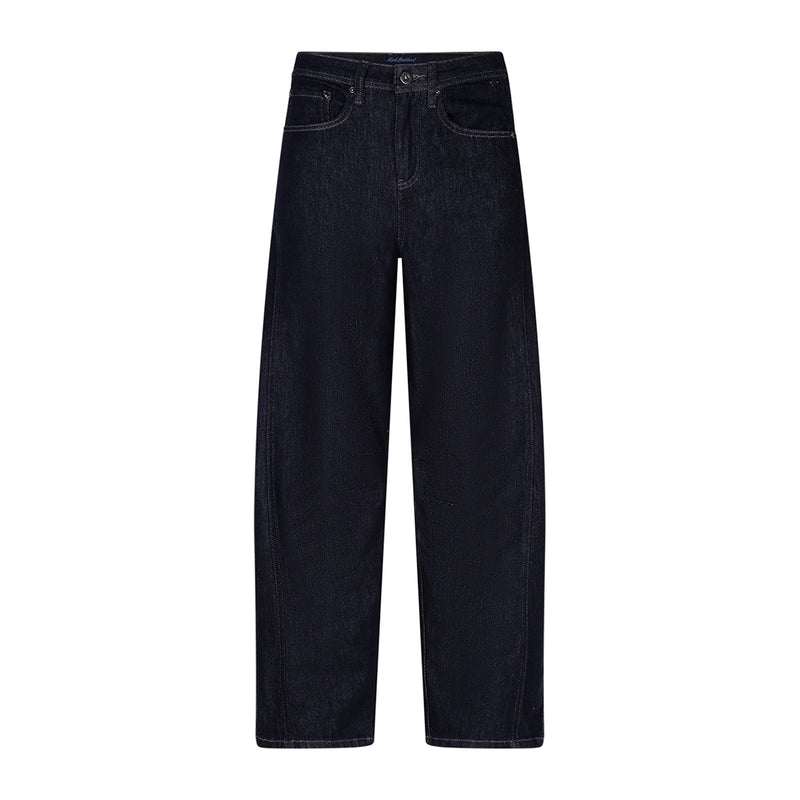 Dark indigo barrel jeans shown flat against a solid white background.