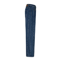 A pair of blue jeans shown from the side against a plain white background.