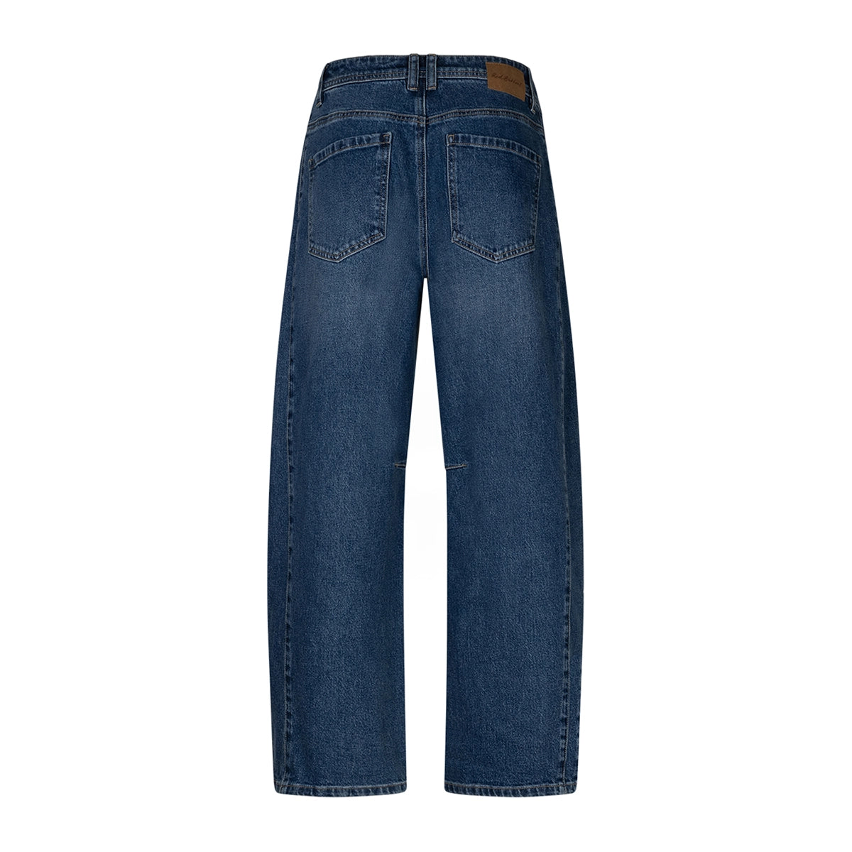A pair of blue jeans shown from the back laid flat against a white background.