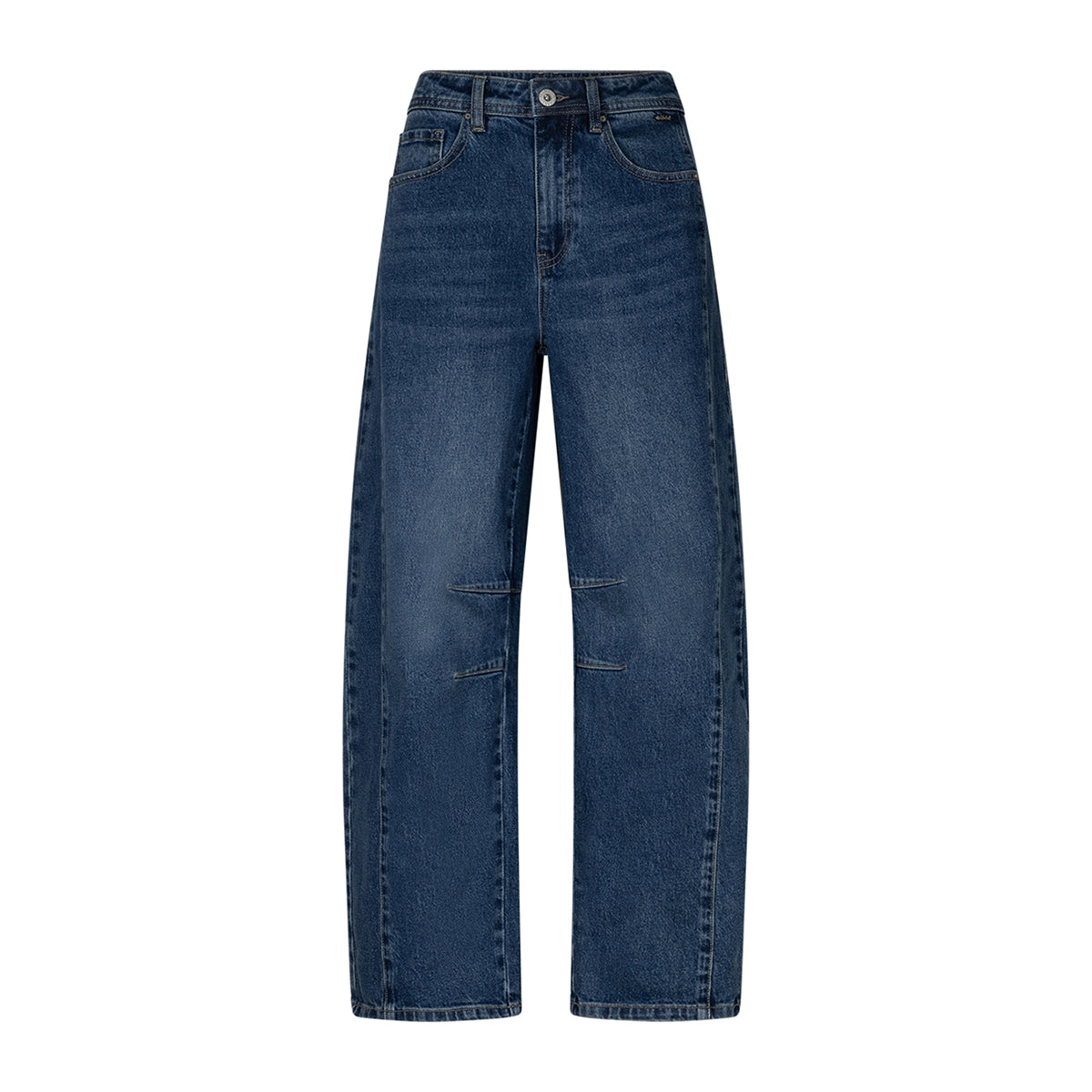 A pair of high rise blue jeans shown flat against a white backgroudn.
