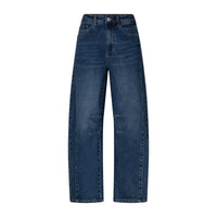 A pair of high rise blue jeans shown flat against a white backgroudn.