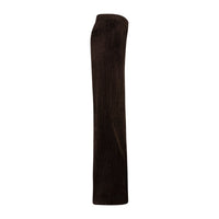 Dark brown wide-leg corduroy trousers shown from the side on a plain white background.