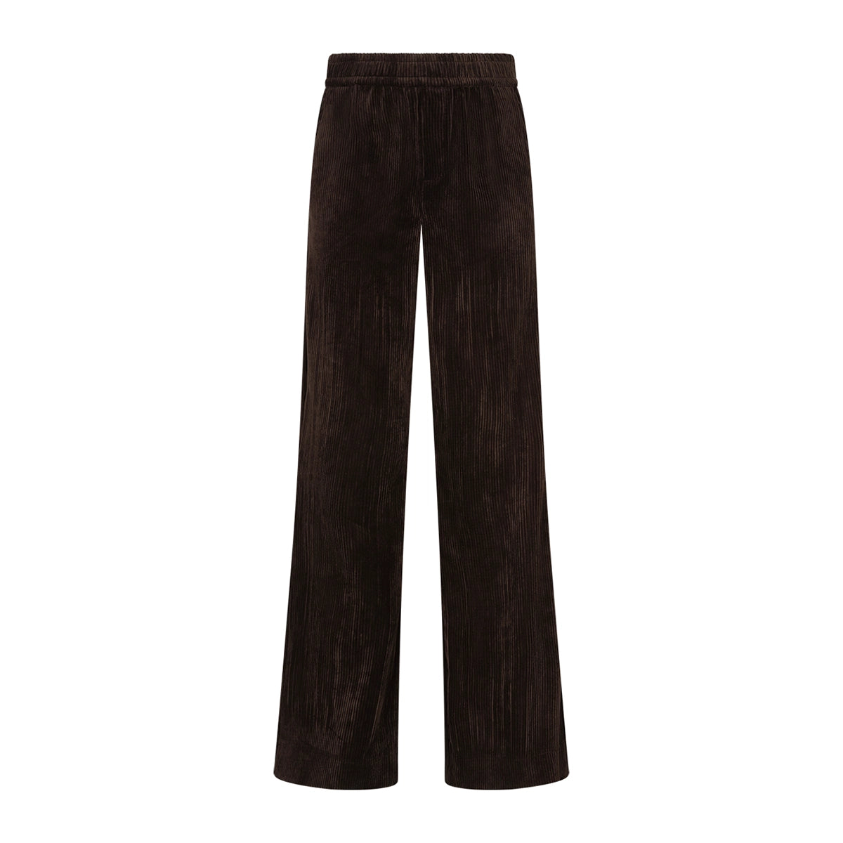 Dark brown wide-leg trousers made of a textured corduroy fabric, shown flat against a solid white background.