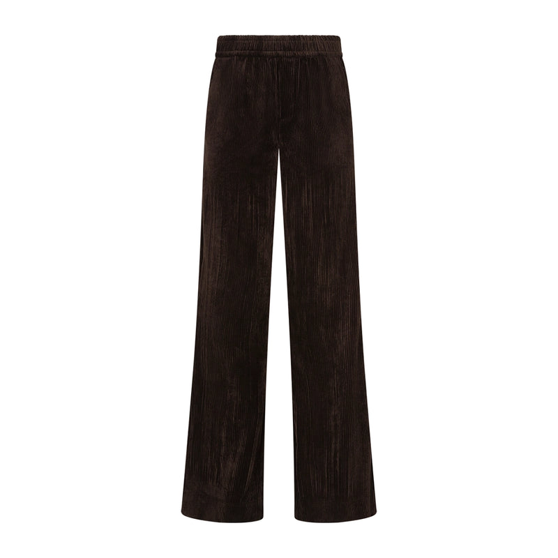 Dark brown wide-leg trousers made of a textured corduroy fabric, shown flat against a solid white background.