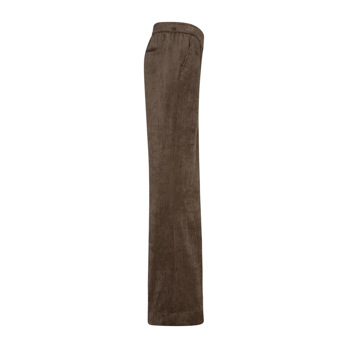 A pair of brown corduroy trousers shown from the side profile against a plain white background.