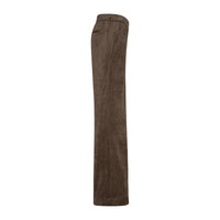 A pair of brown corduroy trousers shown from the side profile against a plain white background.