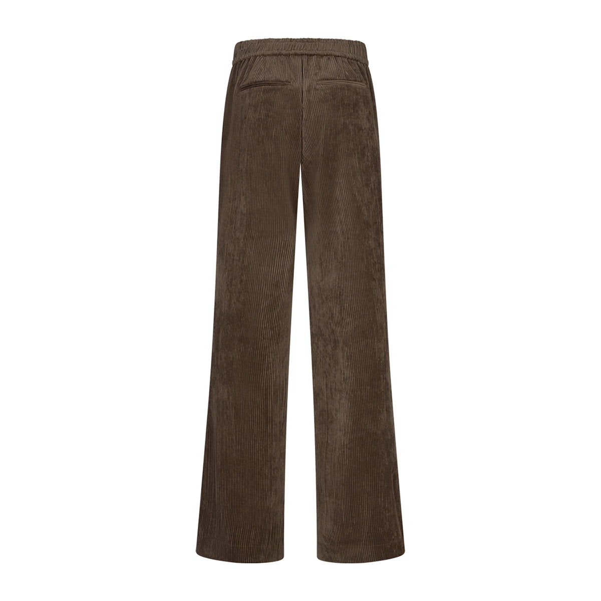 A pair of wide-leg brown corduroy trousers shown from the back, featuring a textured corduroy fabric and a wide elastic waistband, set against a plain white background.