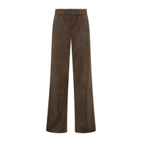 A pair of wide-leg trousers in a dark brown corduroy fabric, shown flat against a solid white background.
