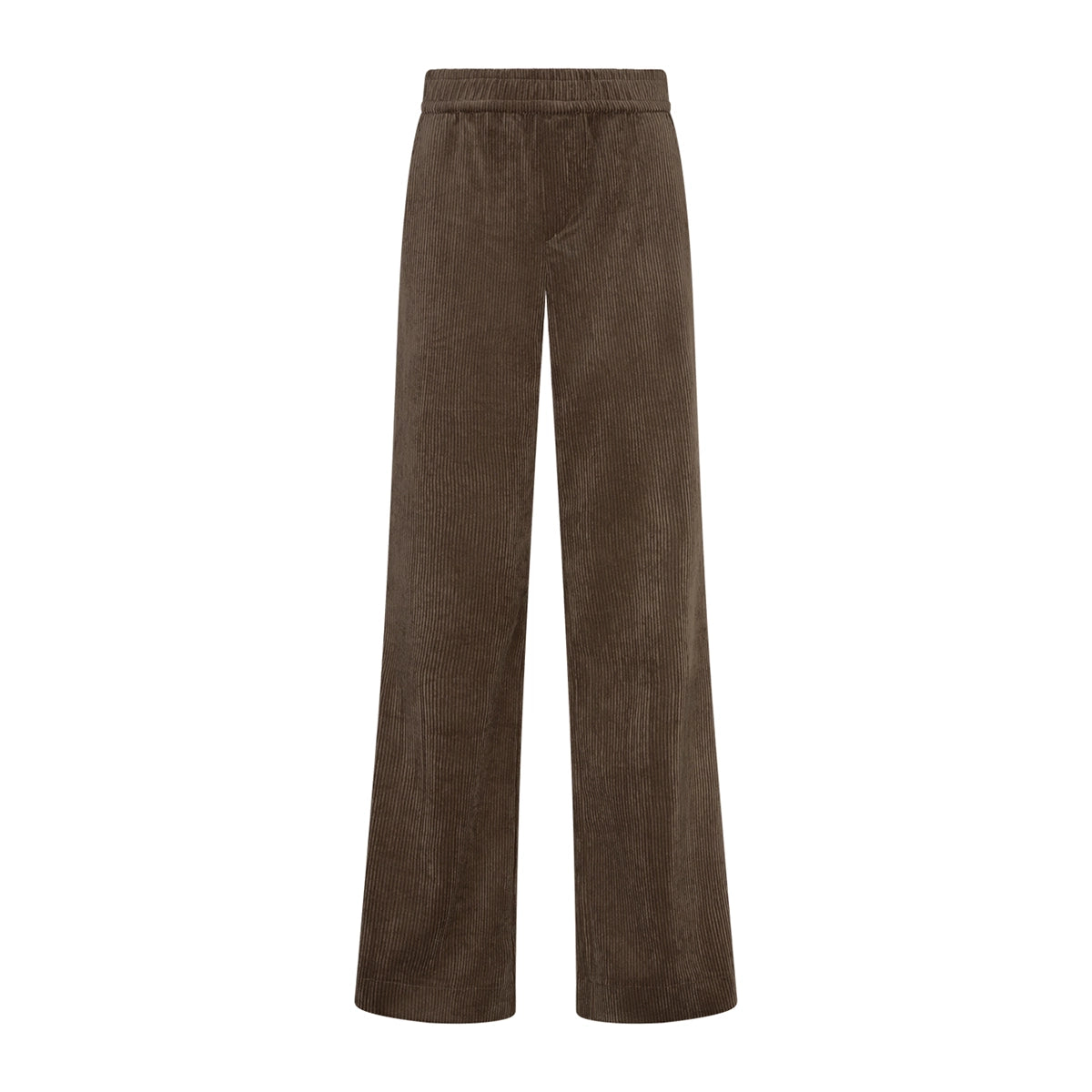 A pair of wide-leg trousers in a dark brown corduroy fabric, shown flat against a solid white background.