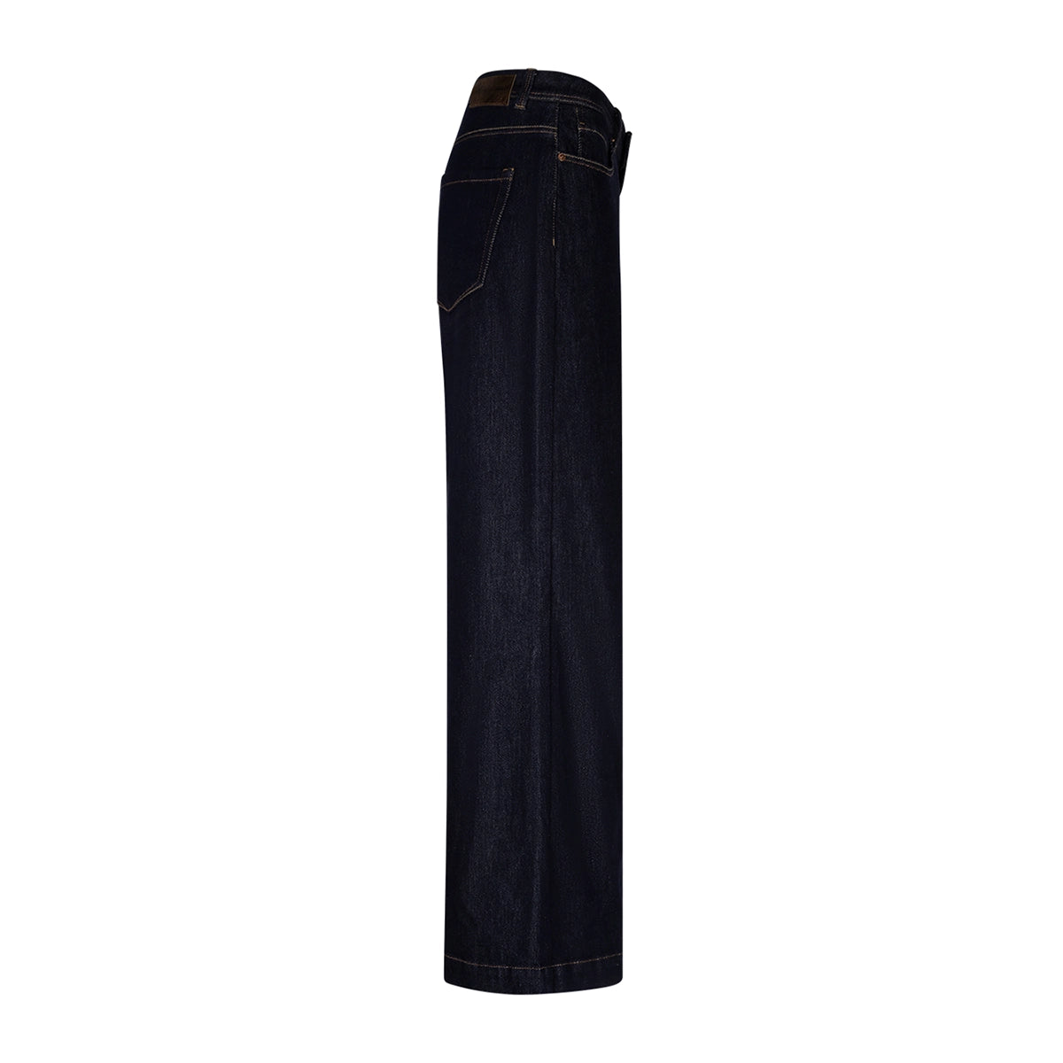Wide leg dark blue jeans shown from the side against a white background.