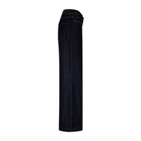 Wide leg dark blue jeans shown from the side against a white background.