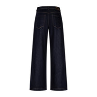 Wide leg dark blue jeans shown from behind against a white background.