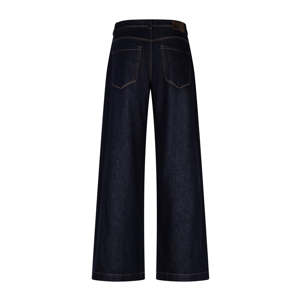 Wide leg dark blue jeans shown from behind against a white background.
