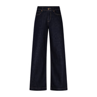 Wide leg dark blue jeans shown against a white background.