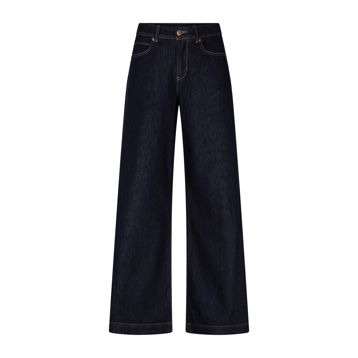 Wide leg dark blue jeans shown against a white background.