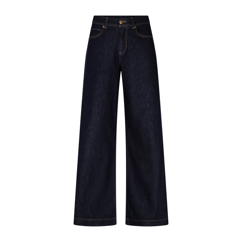 Wide leg dark blue jeans shown against a white background.