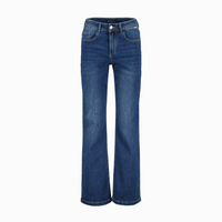 red button dark blue jeans