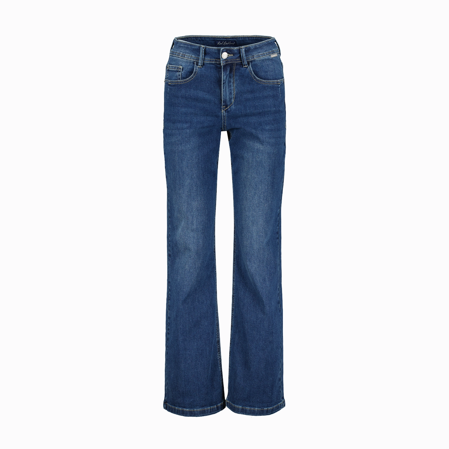 red button dark blue jeans