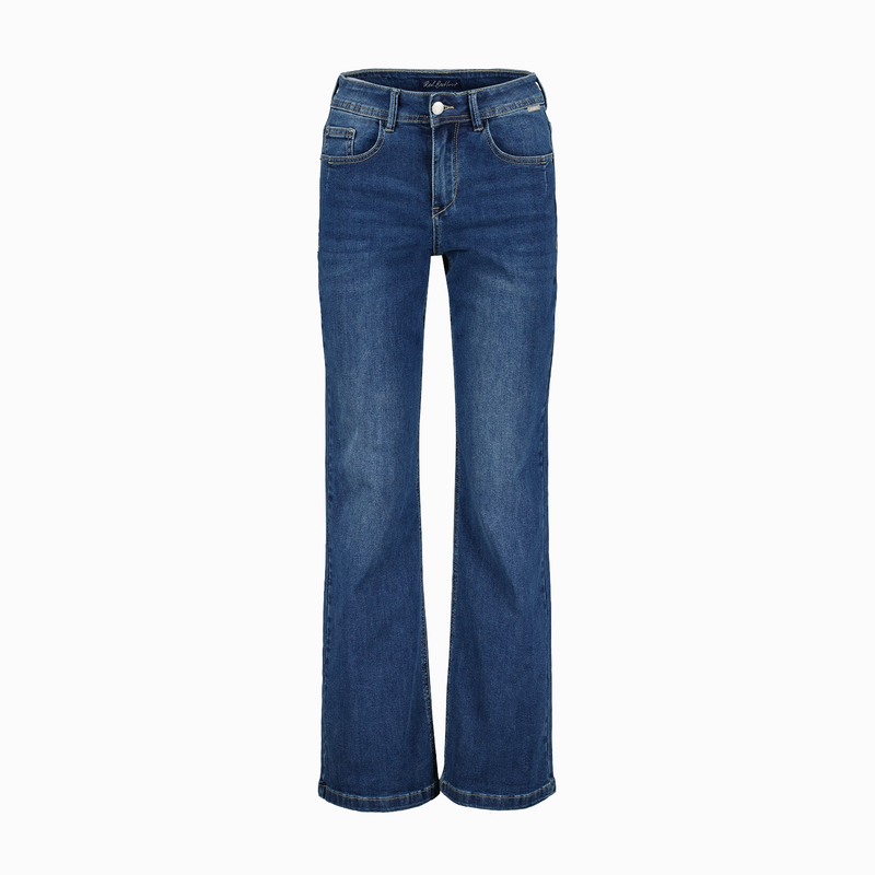 red button dark blue jeans