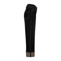Wide-leg cropped jeans with rolled cuffs showing a contrasting brown lining, shown from the side on a clean white background.