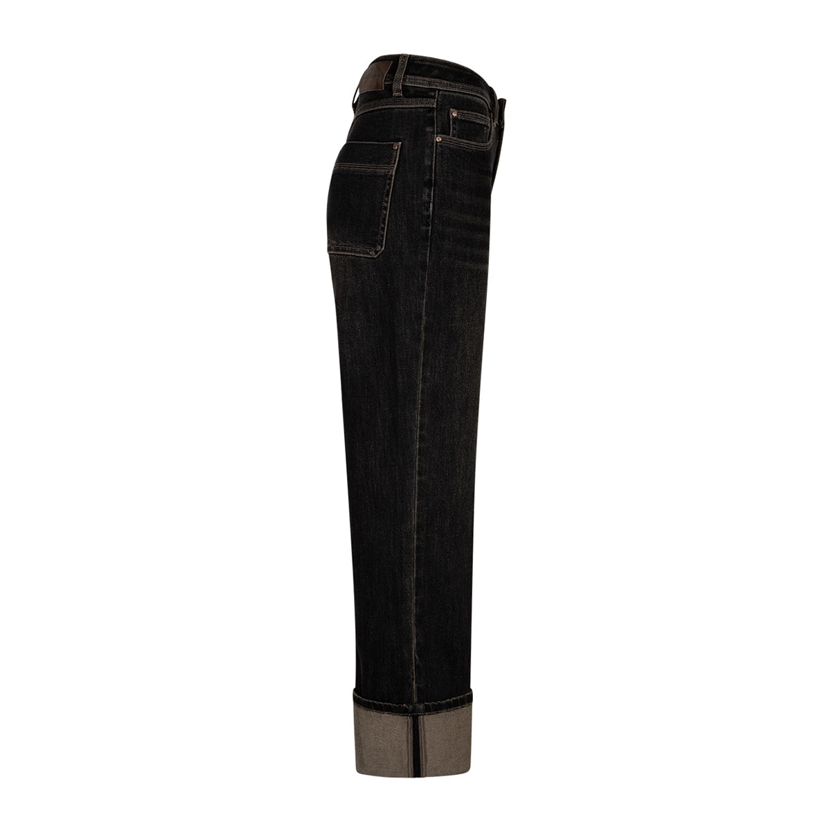 Wide-leg cropped jeans with rolled cuffs showing a contrasting brown lining, shown from the side on a clean white background.
