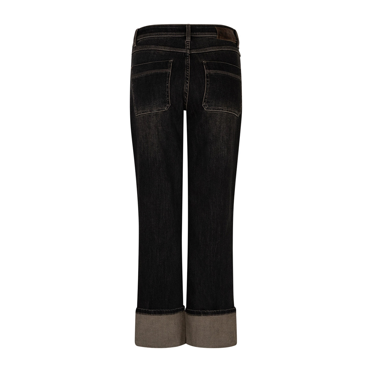 Wide-leg cropped jeans with rolled cuffs showing a contrasting brown lining, shown from behind on a clean white background.
