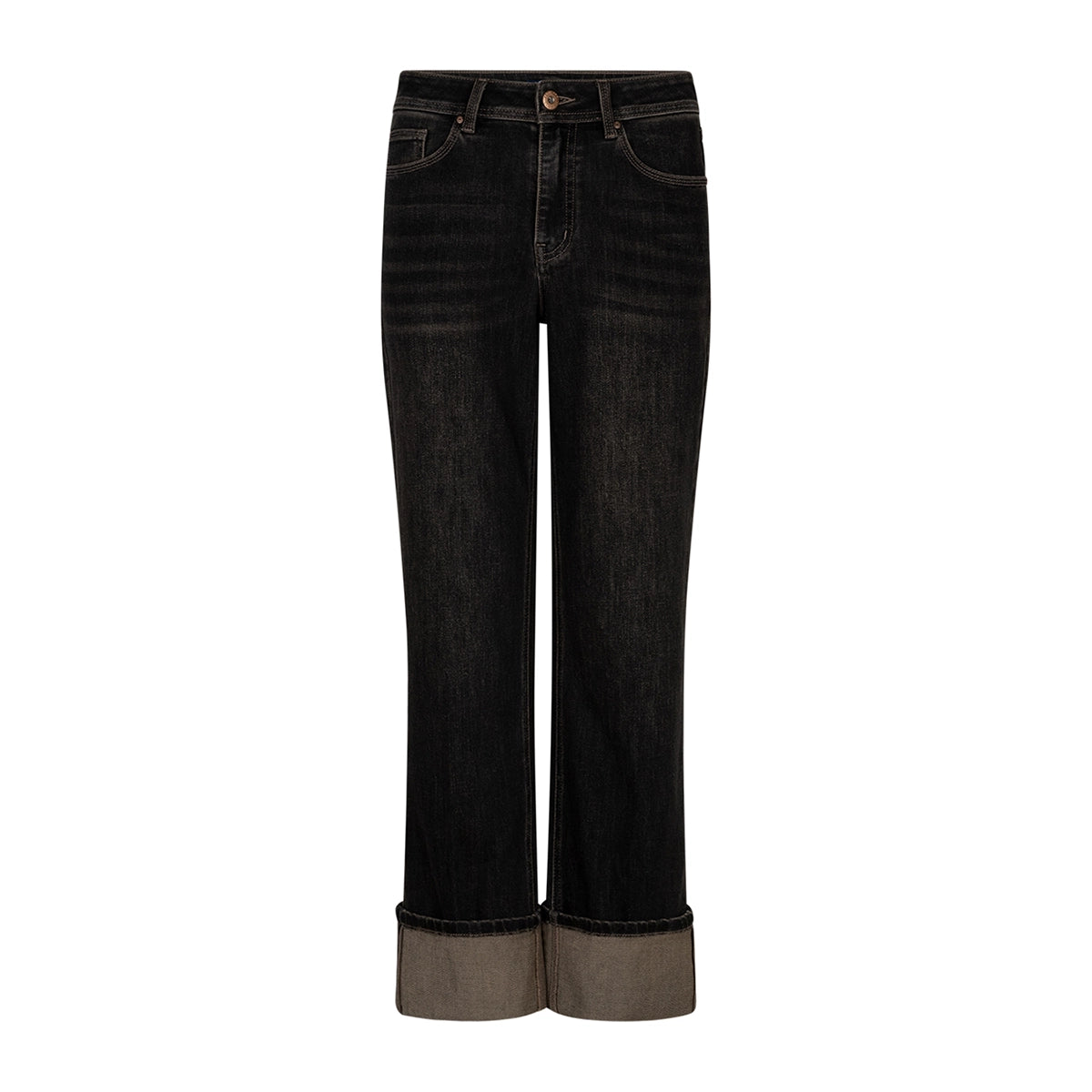Wide-leg cropped jeans with rolled cuffs showing a contrasting brown lining, displayed on a clean white background.