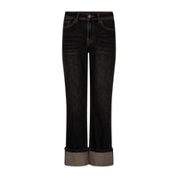 Wide-leg cropped jeans with rolled cuffs showing a contrasting brown lining, displayed on a clean white background.