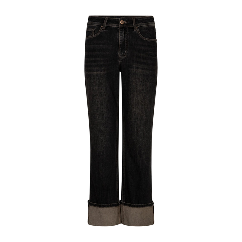 Wide-leg cropped jeans with rolled cuffs showing a contrasting brown lining, displayed on a clean white background.