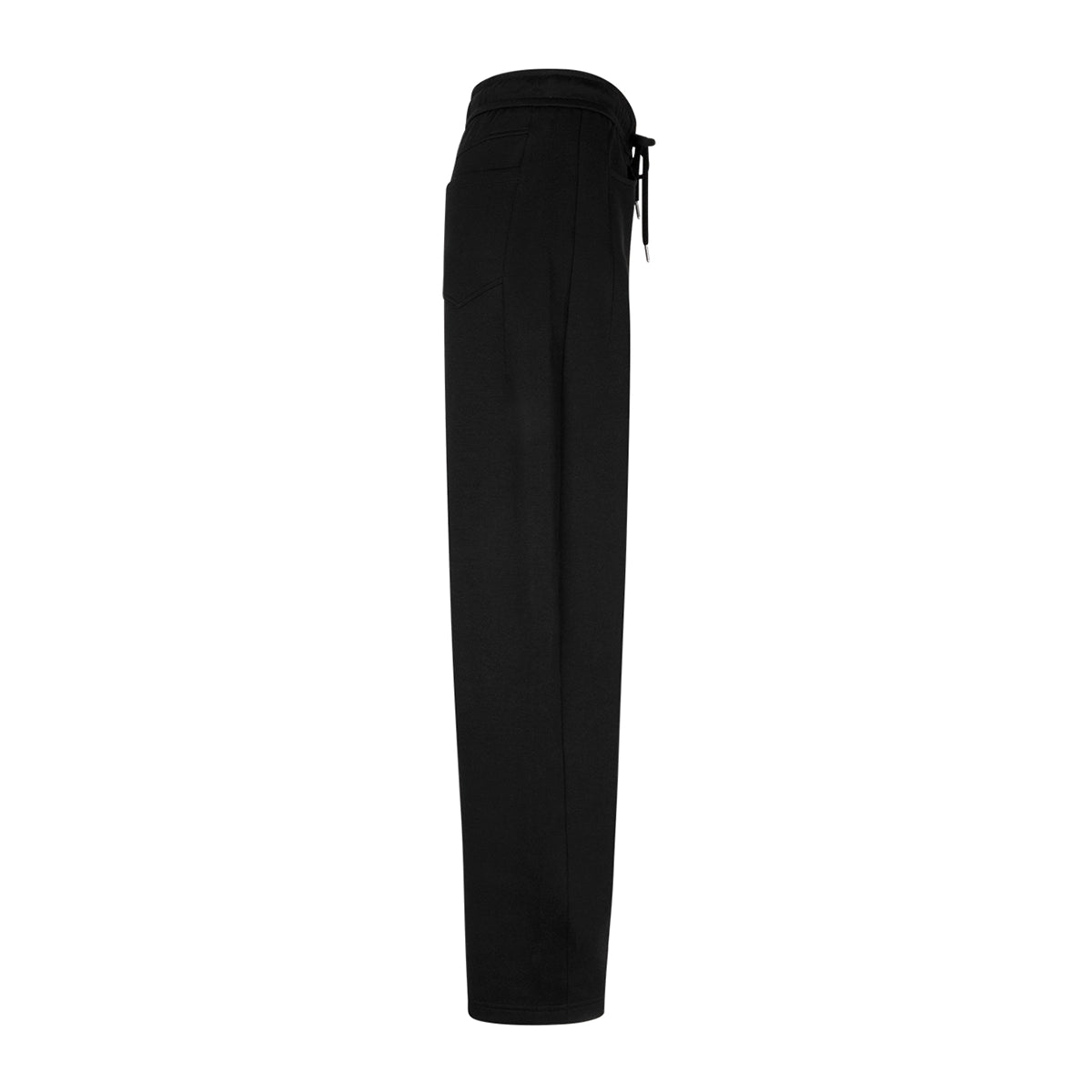 A pair of black trousers shown from the side profile against a solid white background.