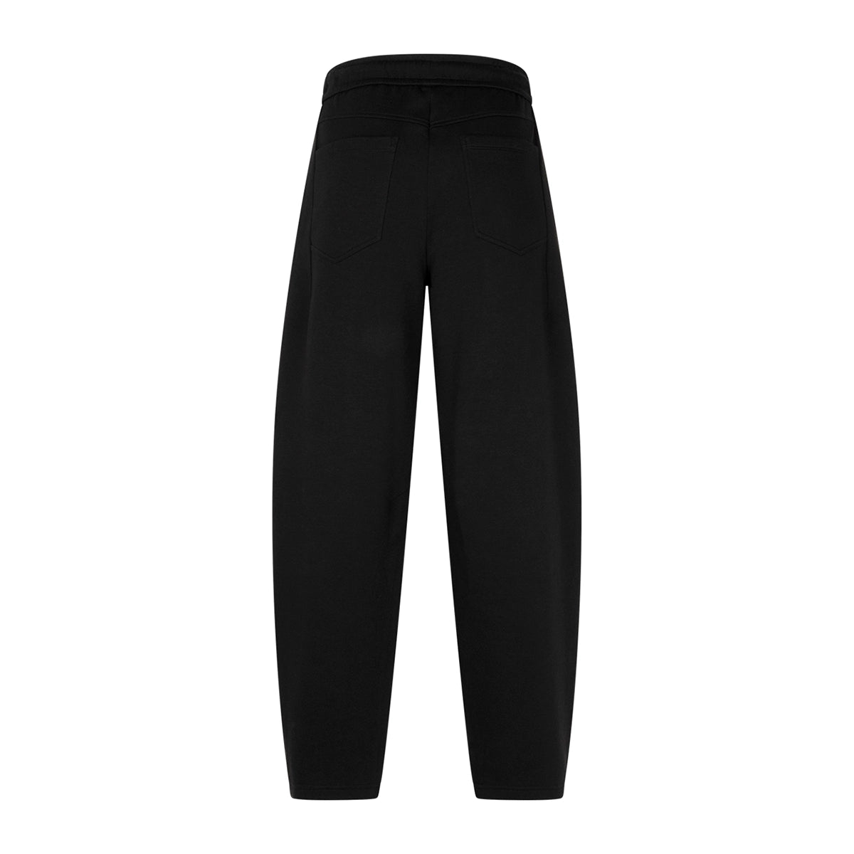 Black wide-leg trousers shown from the back, featuring a high waistband and two back pockets, on a solid white background.